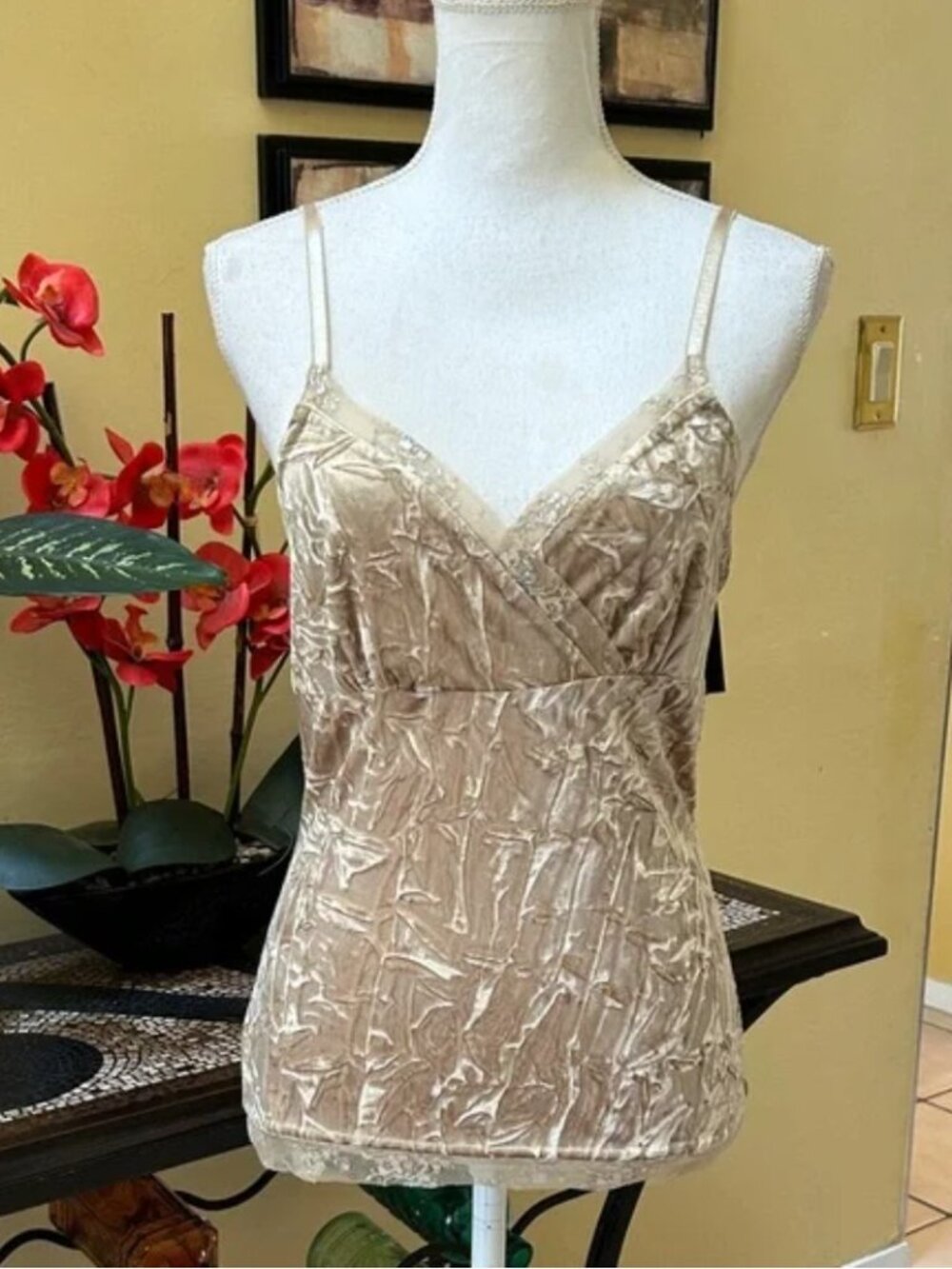 Vtg Y2K Gold Crushed Velvet Lace Trim V Neck Babydoll Fairy Core Camisole NWT